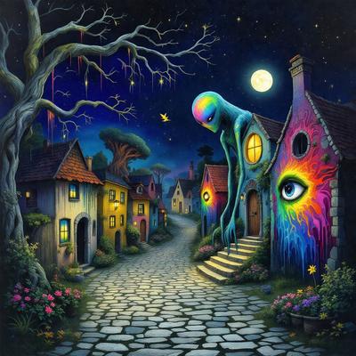 The primary subject of the image is a large, colorful, and surreal creature, possibly a monster or an alien, standing in the middle of a small village. The setting is a quaint, old-fashioned village with houses, a street, and a night sky. The visual style is a combination of digital art and illustration, creating a whimsical and fantastical atmosphere. The colors and mood are predominantly dark and mysterious, with the surreal creature adding a sense of wonder and intr